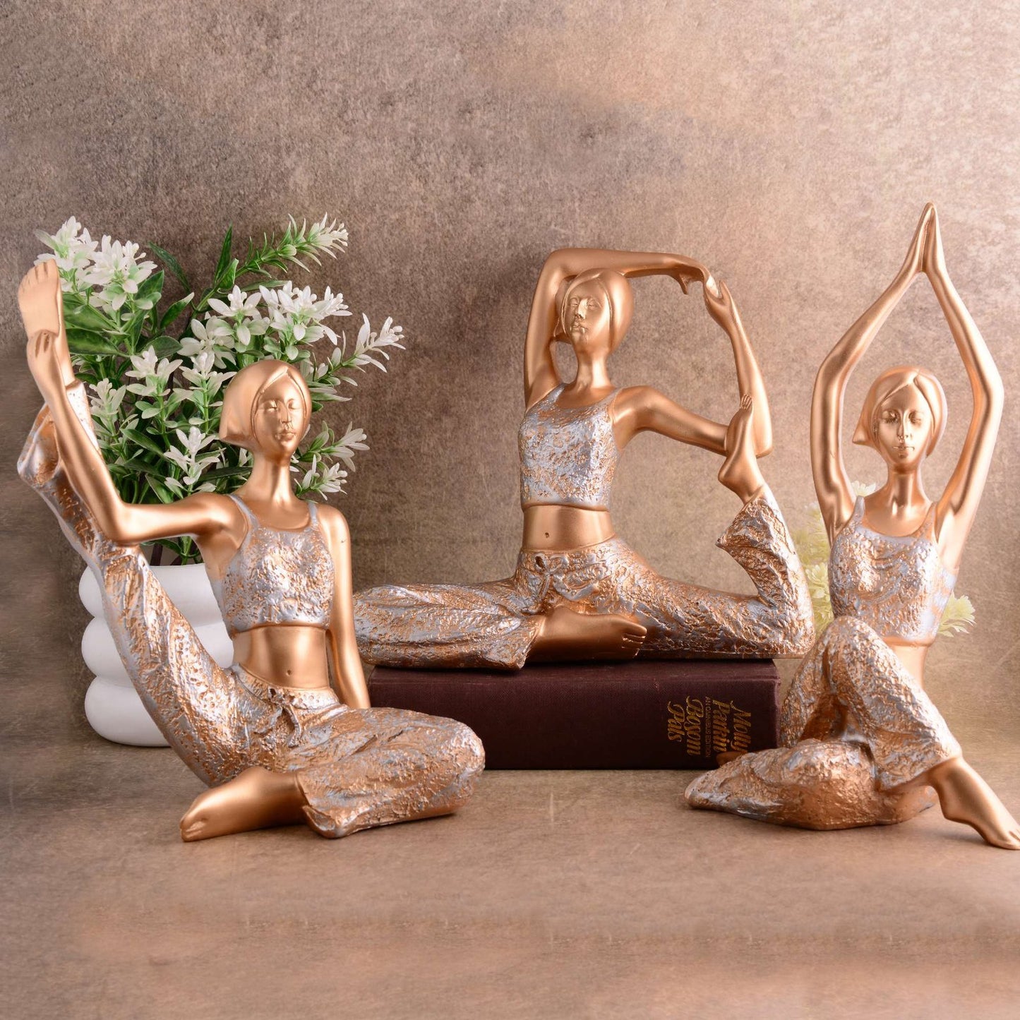 Suitable for home decor Yoga Posture Lady Statue Idol for Home Yoga Statue three pair admirable piece of gift (golden)