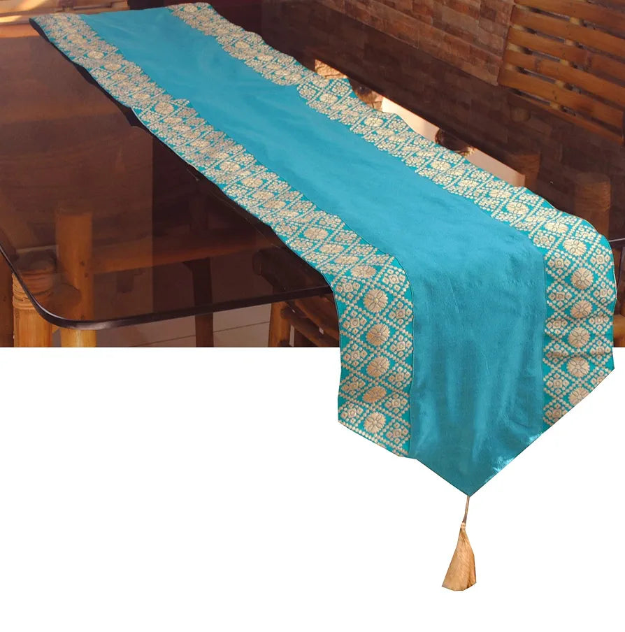 Pink Parrot-designer Durable Dopian Silk Table Runner Colour Pink With Turquoise Accents