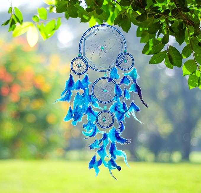 Asian Hobby Crafts Handcrafted Dream Catcher Wall Hanging With Natural Feathers Traditional Blue Boho Style for Room Decor