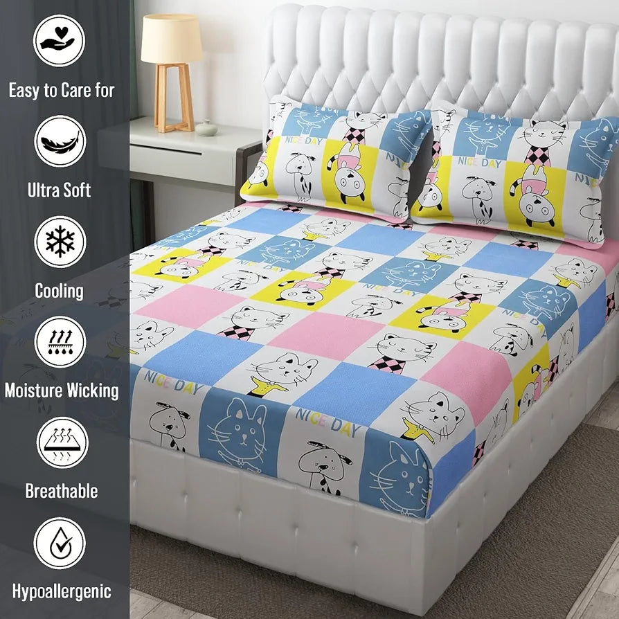 Fresh From Loom Double Bedsheet King Size Rotary Printed Wrinkle Free with 2 Pillow Covers 144 TC Aqua Pink