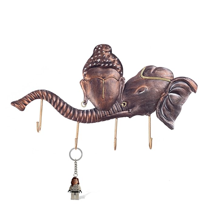 Ecraftindia Buddha Head on Elephant Trunk Wrought Iron Key Holder | Red and Brown