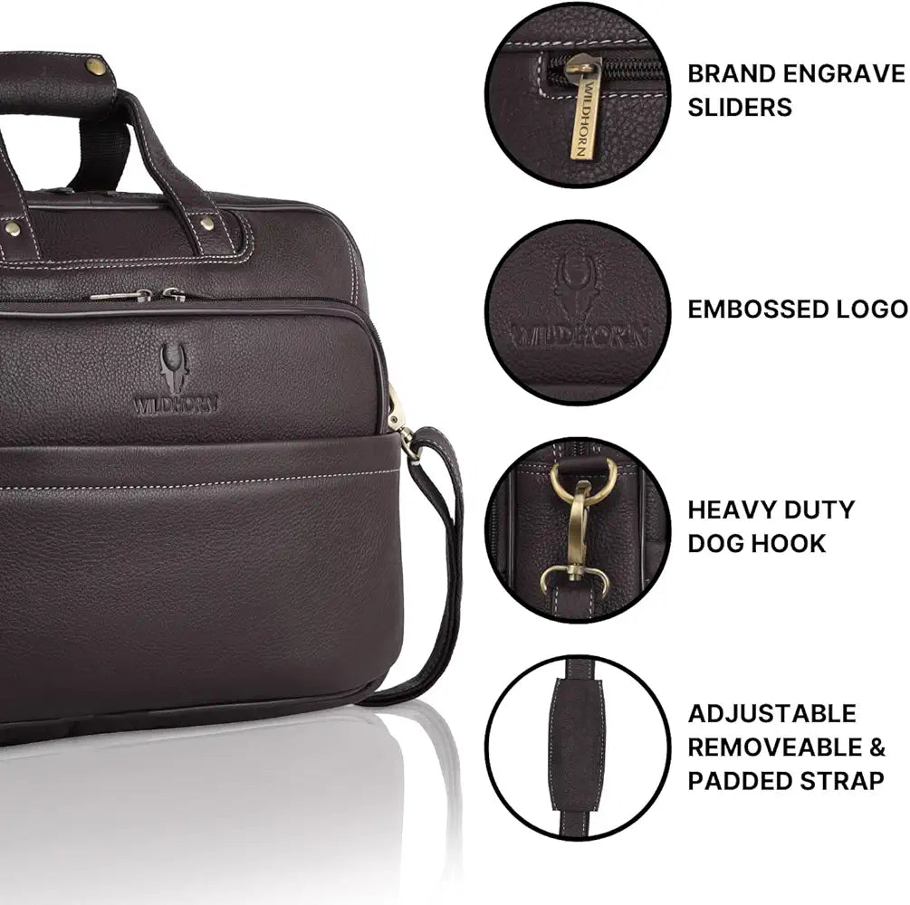 WildHorn Classic Leather 16 inch Laptop Messenger Bag for Men I Office Bags I Travel Bags I Carry Handles with Adjustable Strap