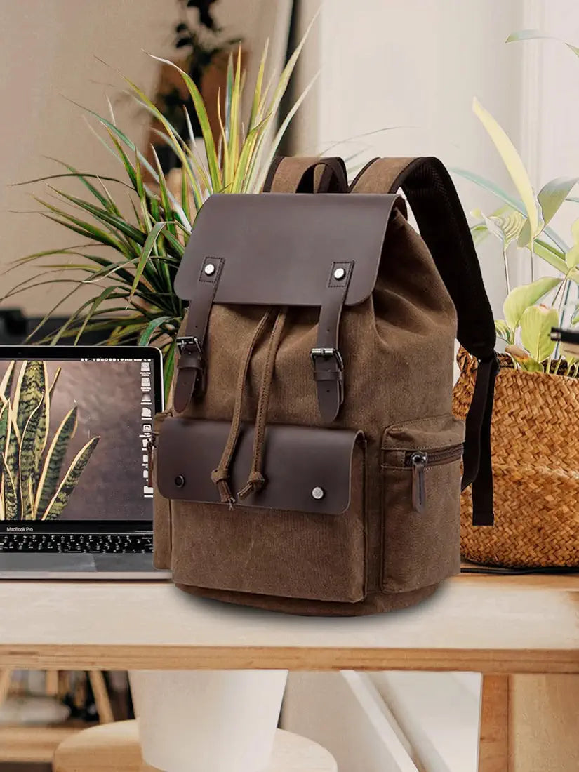 FUR JADEN Eco Friendly Travel Laptop Backpack Made of Water Resistant Sustainable Canvas and Vegan Leather for Men and Women for Travel Hiking Work