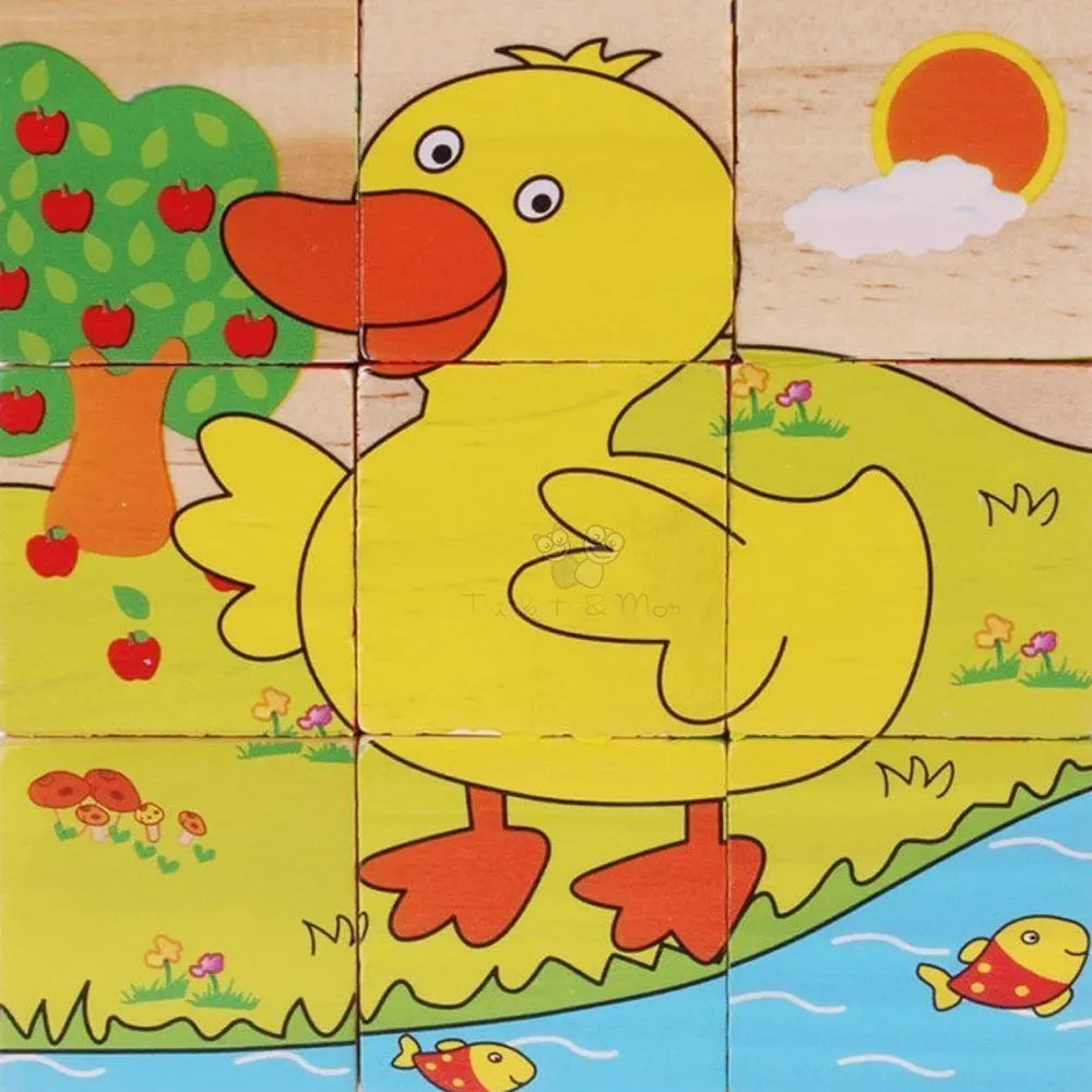 Trinkets & More - 3D Jigsaw Puzzle Wooden Cube Block 6 Face 9 Pieces with Storage Tray Kids 3+ Years