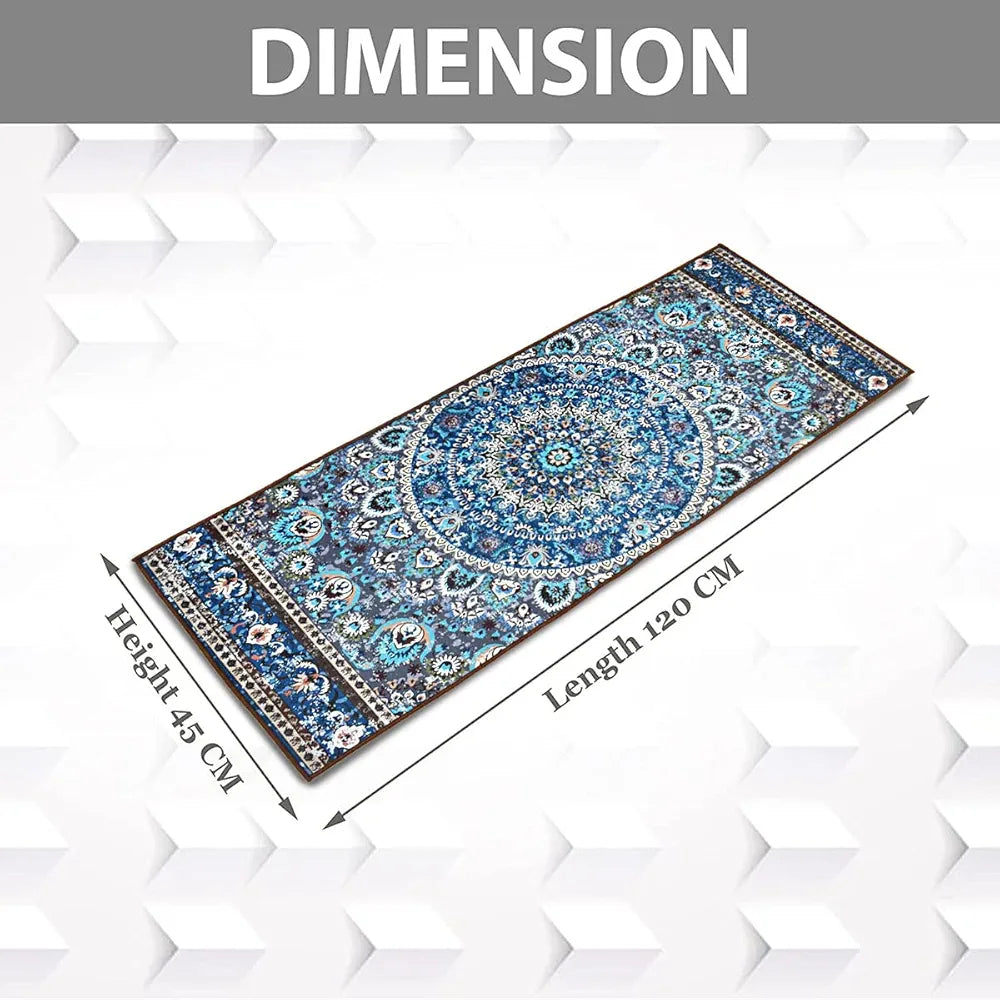 Ishro Home 3d Printed Bedside Runner Carpet Anti Skid For Home Kitchen Colour Geometrical Blue