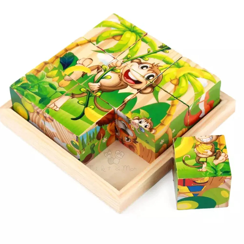 Trinkets & More - 3D Jigsaw Puzzle Wooden Cube Block 6 Face 9 Pieces with Storage Tray Kids 3+ Years