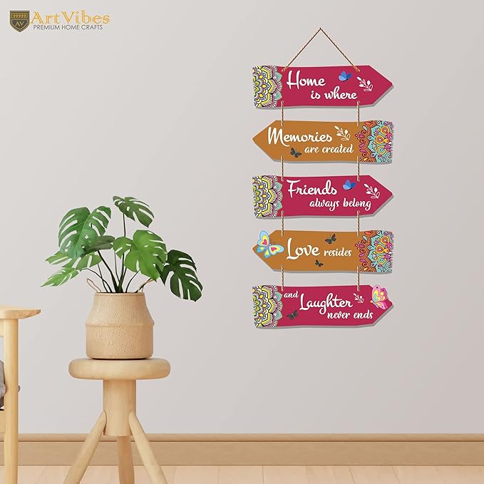 Artvibes Home Quotes Decorative Art Mdf Wooden Wall Hanger for Living Room | Set of 5