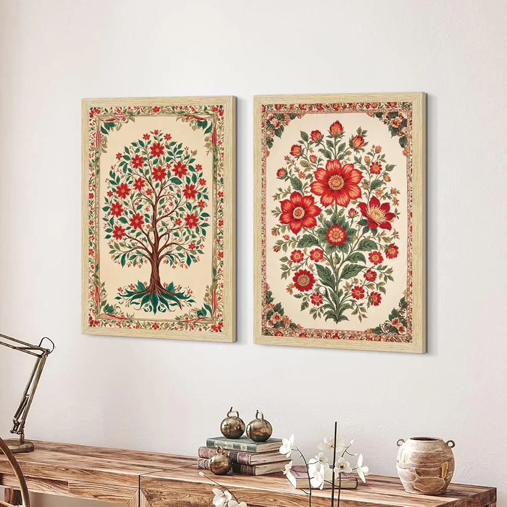 ArtX Paper Floral Art Paintings Flowers - 04 with Frame Multicolor Natural Wood Color Set of 2