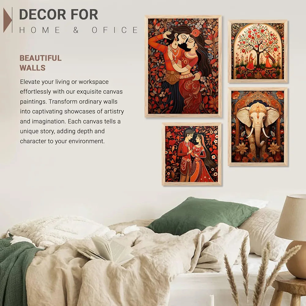 Kotart Traditional Indian Inspired Madhubani Art Paintings with Frame Set of 4 Frames A