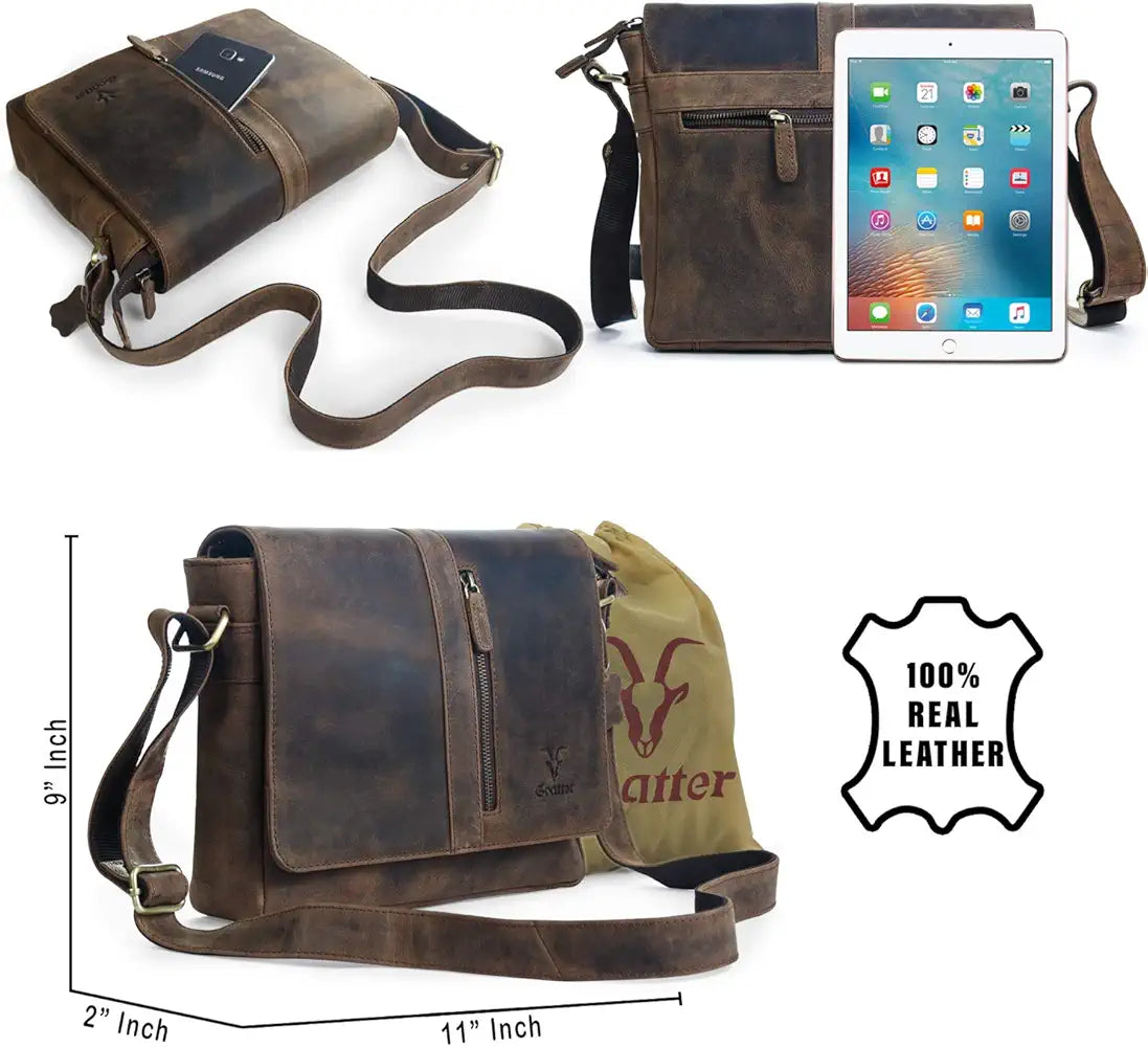 Goatter Mens Genuine Leather 11" Inch Messenger Bag