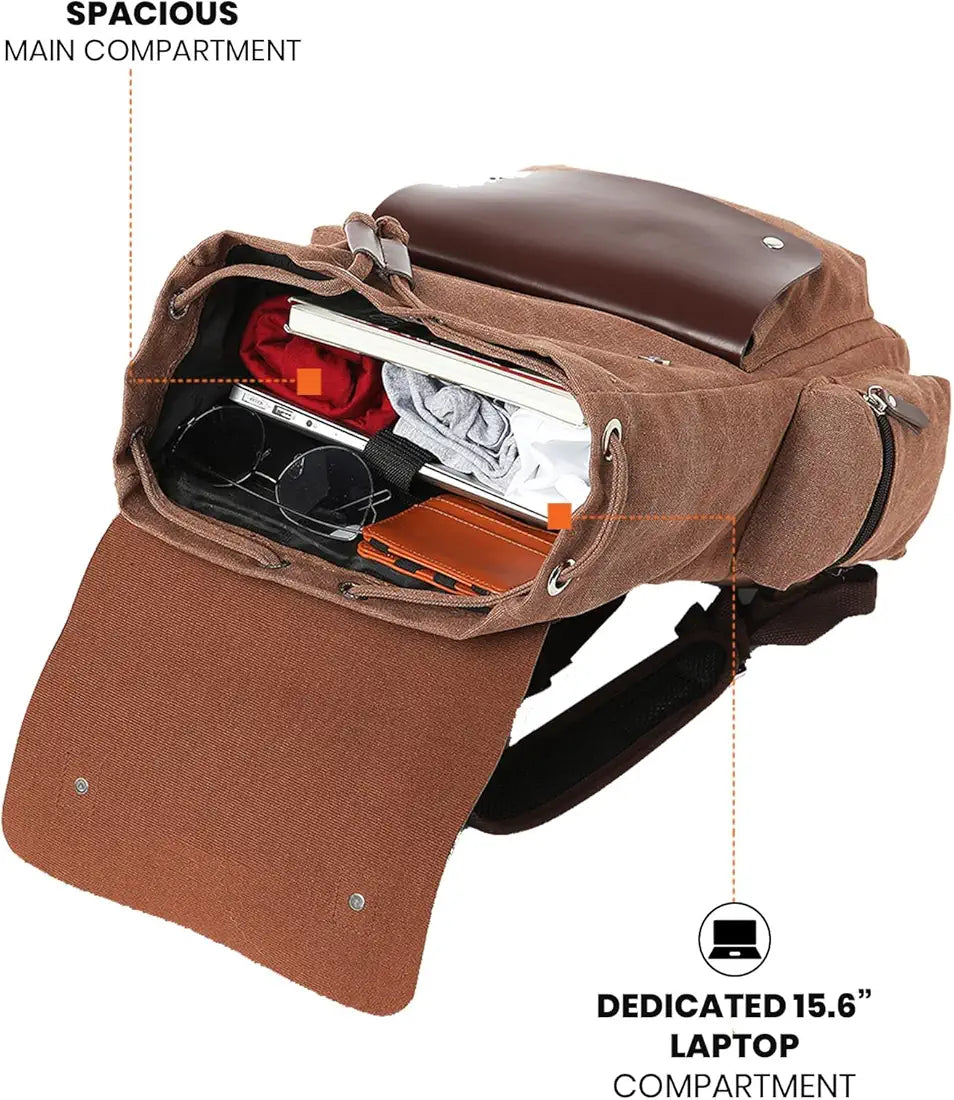FUR JADEN Eco Friendly Travel Laptop Backpack Made of Water Resistant Sustainable Canvas and Vegan Leather for Men and Women for Travel Hiking Work