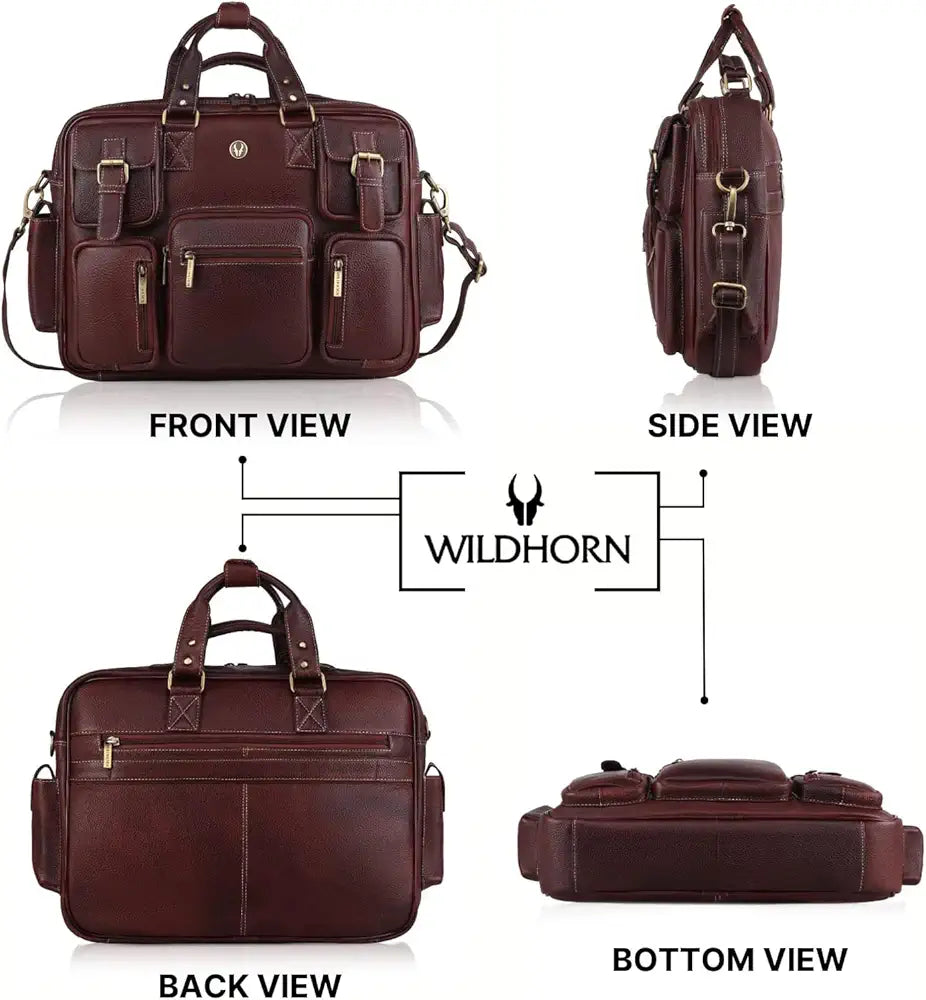 WildHorn Leather Laptop Bag for Men/Office Bag for Men | Fits Upto 15.6 Inch Laptop/MacBook | Laptop Messenger Bag/Leather Bag for Men I Dimension : L-16 inch W-4 inch H-13 inch