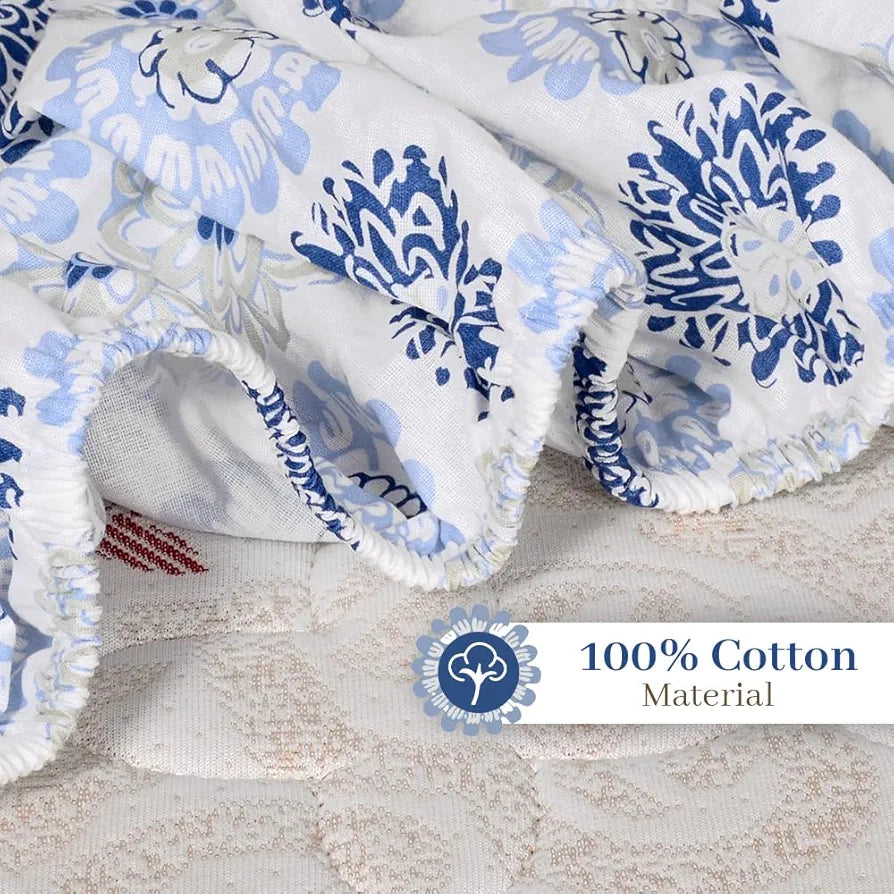 Divine Casa 144 TC Floral Grey 100% Cotton Elastic Fitted Bedsheets King Size with 2 Pillow Covers Colour Dutch Blue