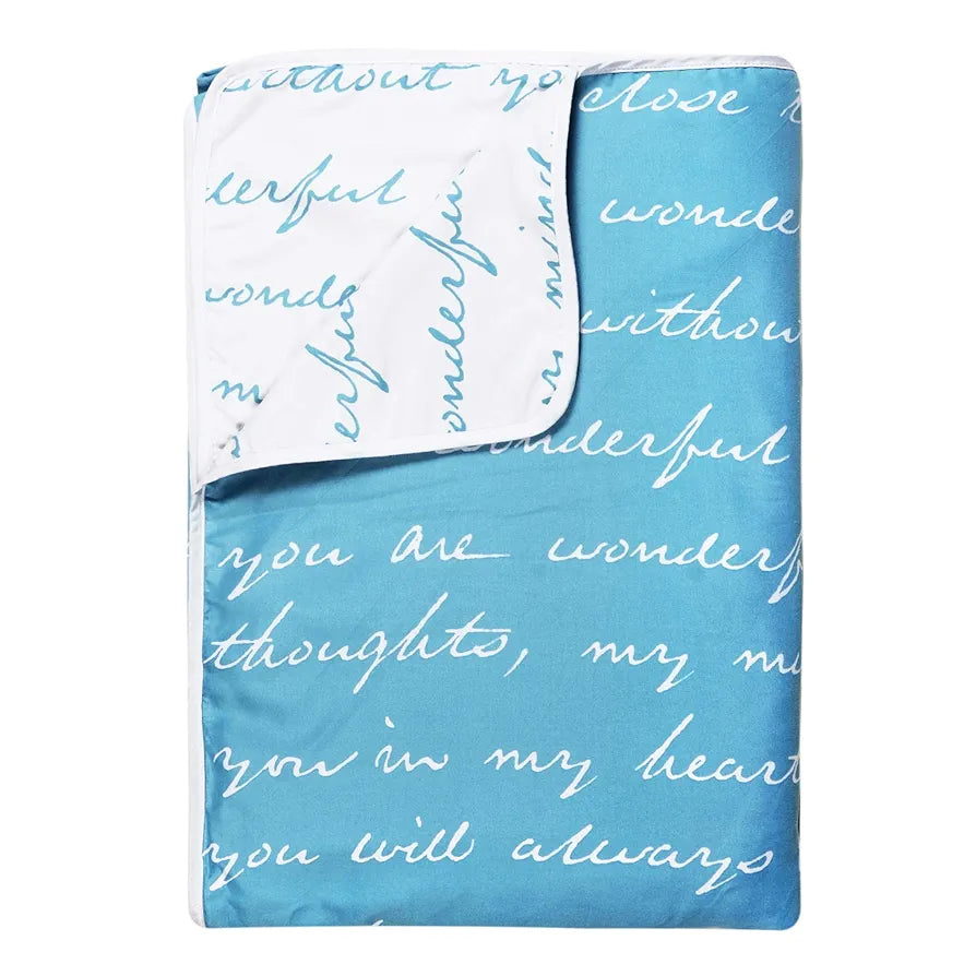 Divine Casa 120 GSM Microfiber Single Dohar Soft & Lightweight Throw Blanket Typographic Pattern Colour Sky Blue & White