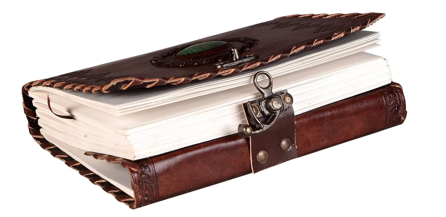 CraftShades – Leather Diary with Antique Green Stone Handmade Leather Bound Diary for Men and Women Unlined 5×7 inches Size 200 Pages Travel Diary with Antique Lock Best Choice of Gift for Raksha Bandhan Day (Green Stone)