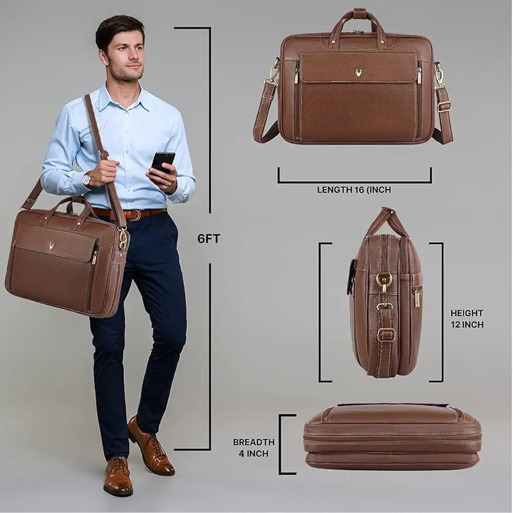 WildHorn Leather Laptop Bag for Men I Fits Upto 15.6 Inch Laptop/MacBook I Padded Laptop Compartment I Carry Handles with Adjustable Strap I DIMENSION : L-16 inch W-4 inch H-12 inch