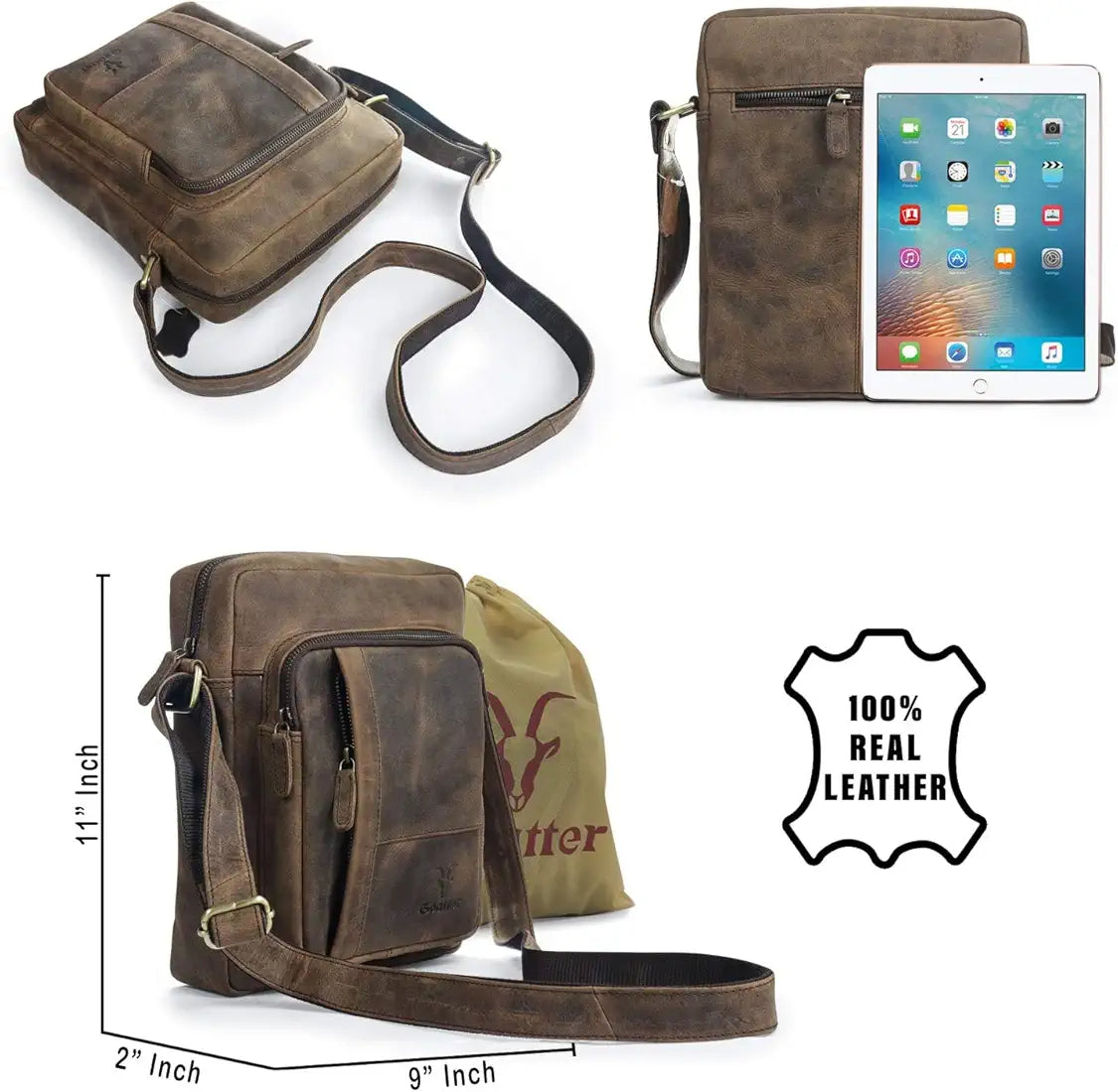 Goatter Unisex Hunter Leather Multi Pockets 11" Messenger Bag, GTHT-02