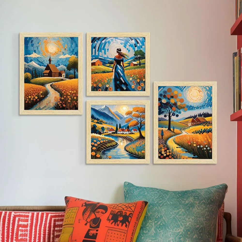 ArtX Paper Bohemian Village Sunrise Art Paintings with Frame Set of 4