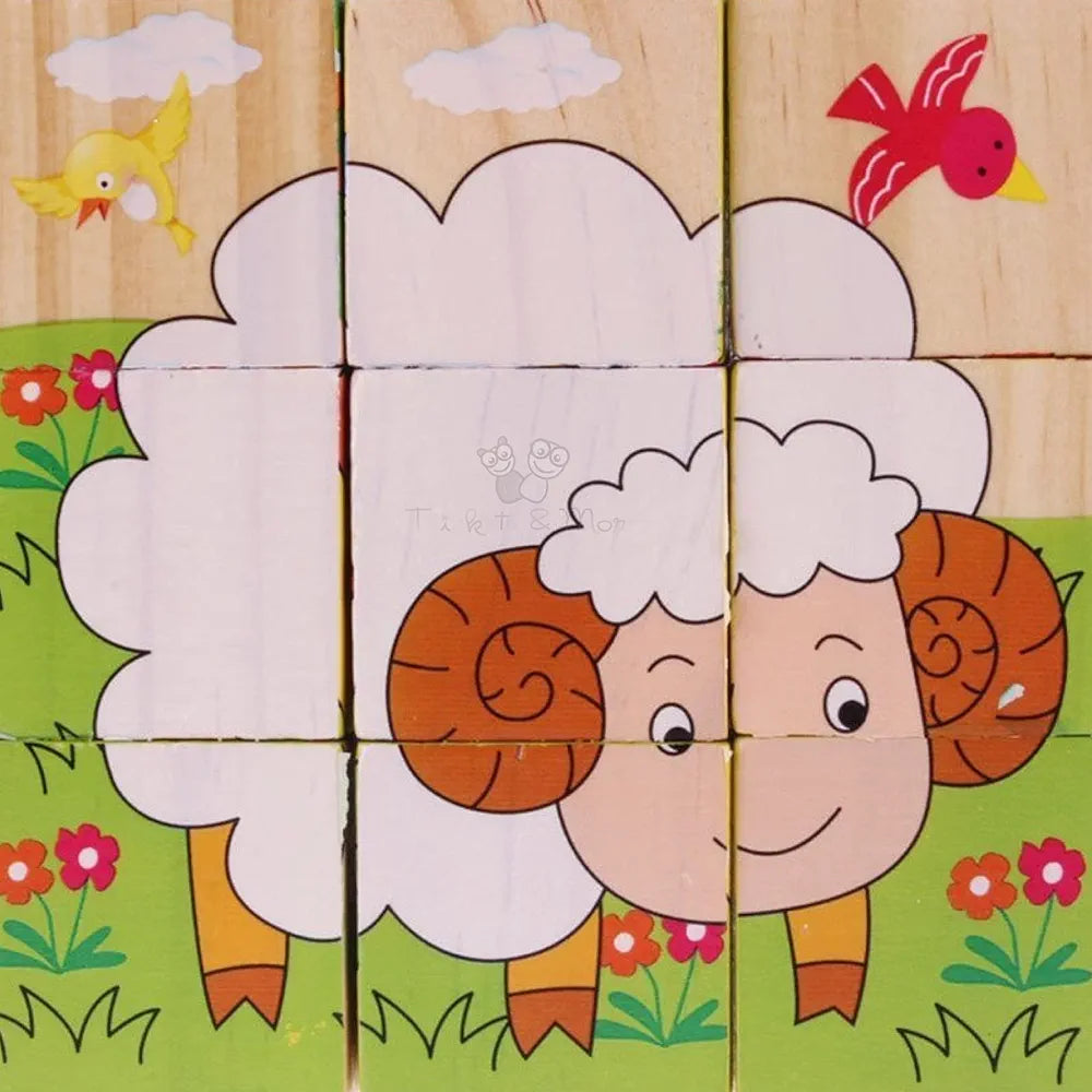 Trinkets & More - 3D Jigsaw Puzzle Wooden Cube Block 6 Face 9 Pieces with Storage Tray Kids 3+ Years