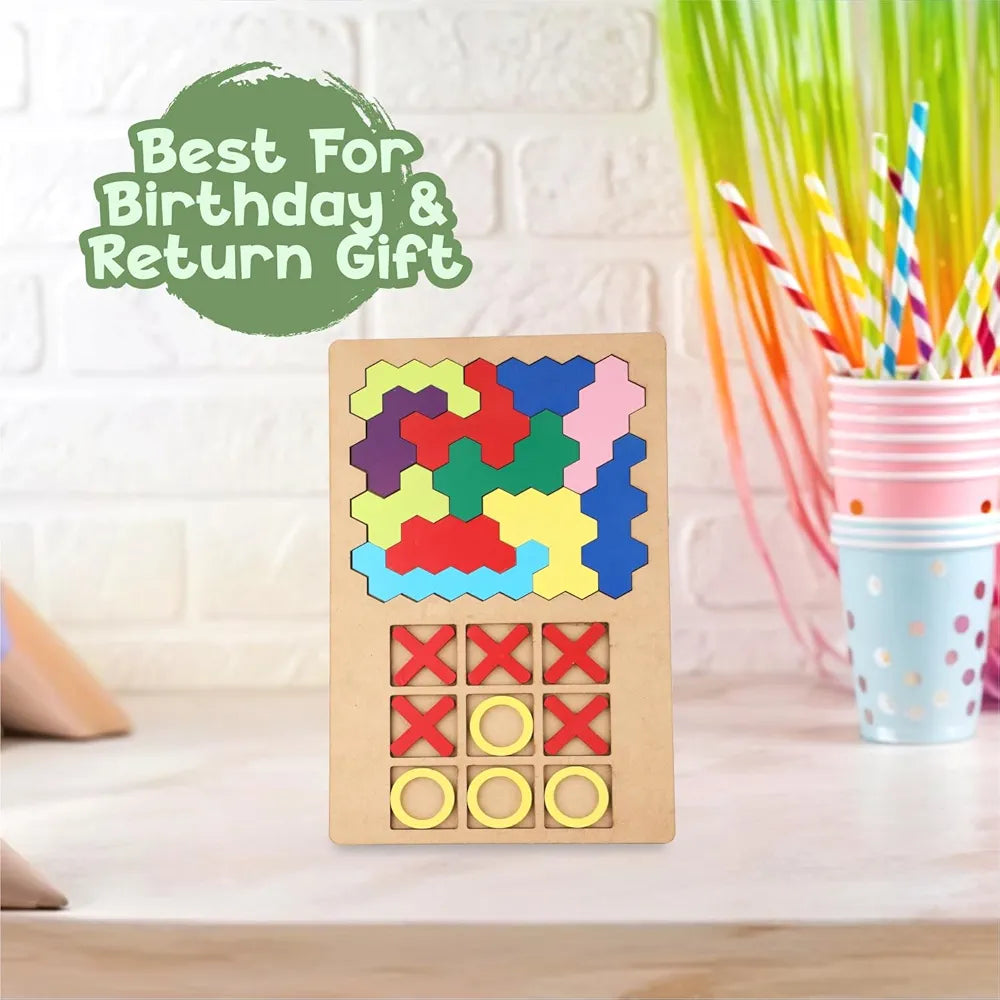 SPARTAN KIDSยฎ 3D Wooden Hexagon Puzzle & Classic Tic Tac Toe Game - Montessori Educational Toy for Kids, Creative Shape Pattern Block, Two-in-One Early Learning Toy