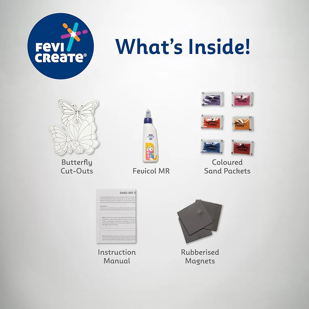 Fevicreate Sand Art Butterflies Art & Craft Kit | Includes Butterfly Templates, Multi-Coloured Sand, Magnet Strip, Spatula & More | by Fevicol | Best Gift for Boys & Girls Age 5+ | Return Gift