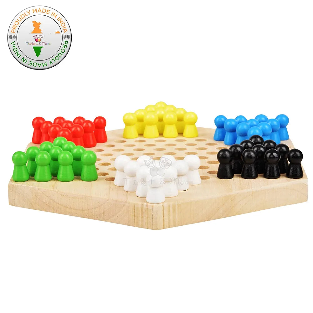 Trinkets & More - Wooden Chinese Checkers Hexagon with Wooden Marbles Board Games Superb Family Game Perfect Adults and Kids Gift Fun Toys 3+ Years