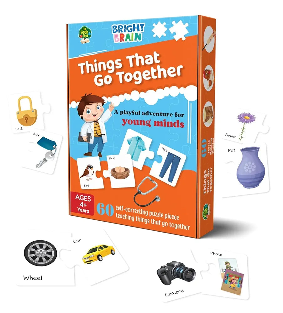 THE BOOK TREE Bright Brain Things That Go Together 60 Piece Jigsaw Puzzle For Preschoolers, Educational Toy For Learning Matching Pictures With It'S Pair By Majestic Book Club, For Kid