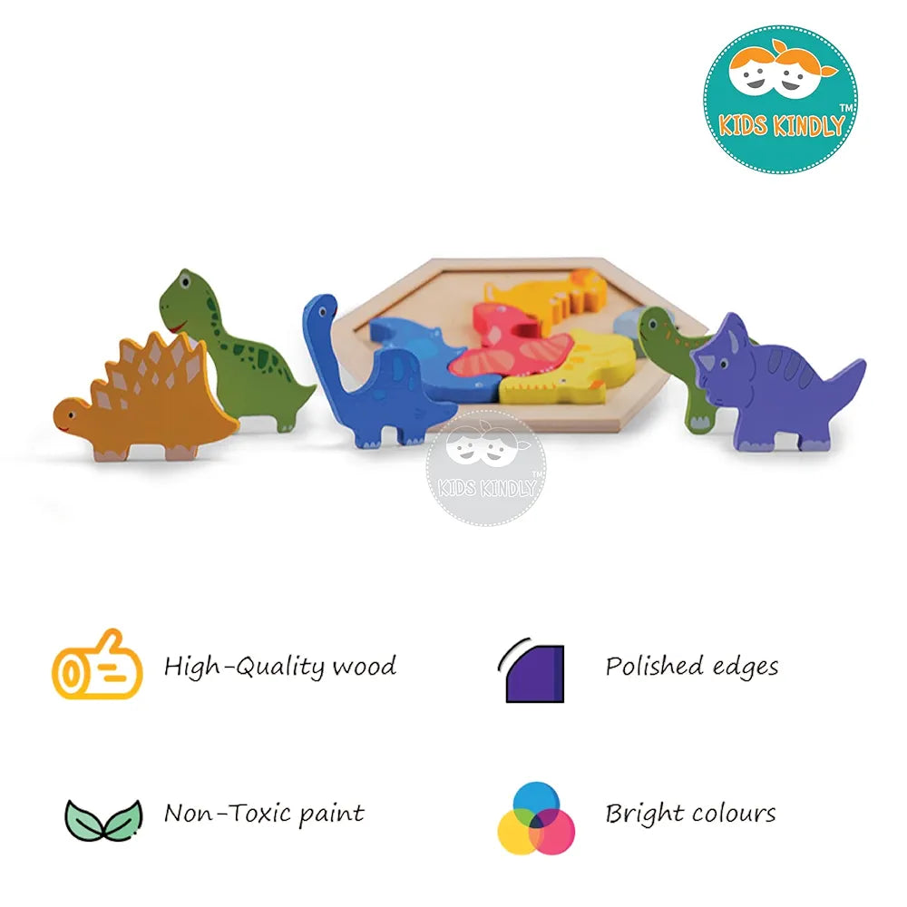 KIDS KINDLY Wooden Dinosaur Puzzle for Kids, Jigsaw Sorting Game, Montessori Puzzle Toy for Toddlers, Shapes Puzzles for Kids, Birthday Gift for Boys & Girls Age 3 4 5 Years