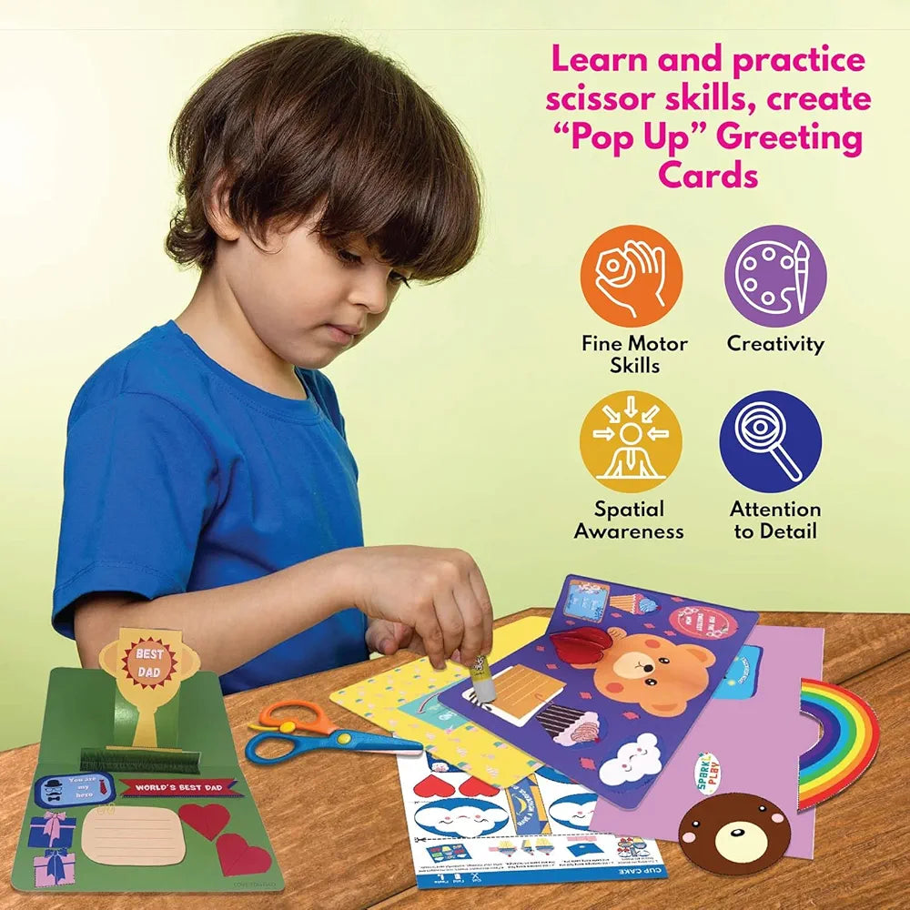 SparkLPlay Greeting Card Making Kit for Kids Ages 4 to 12 | Set of 10 DIY Pop-Up Cards | Art & Craft Kit | Scissor Skills Activity Book | Gift for Girls & Boys | Cards for Friends & Family