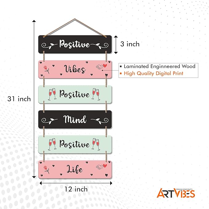 Artvibes Decorative Wall Hanging Wooden Art Decoration Item for Home Decor | Quotes Decor Item | Mdf Wall Decoration | Set of 6