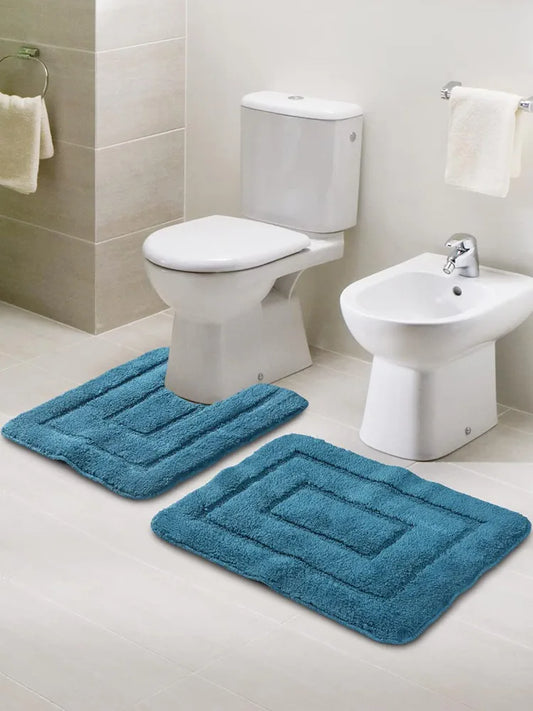 Saral Home Easy Living Cotton Anti Slip Rectangular Bathmat Set With Contour Colour Turq