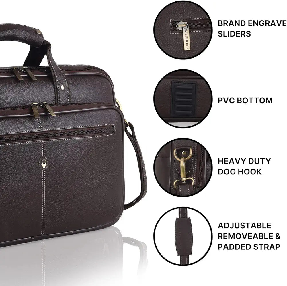 WildHorn Leather 15 inch Laptop Bag for Men I Padded Laptop Compartment I Carry Handles with Adjustable Strap