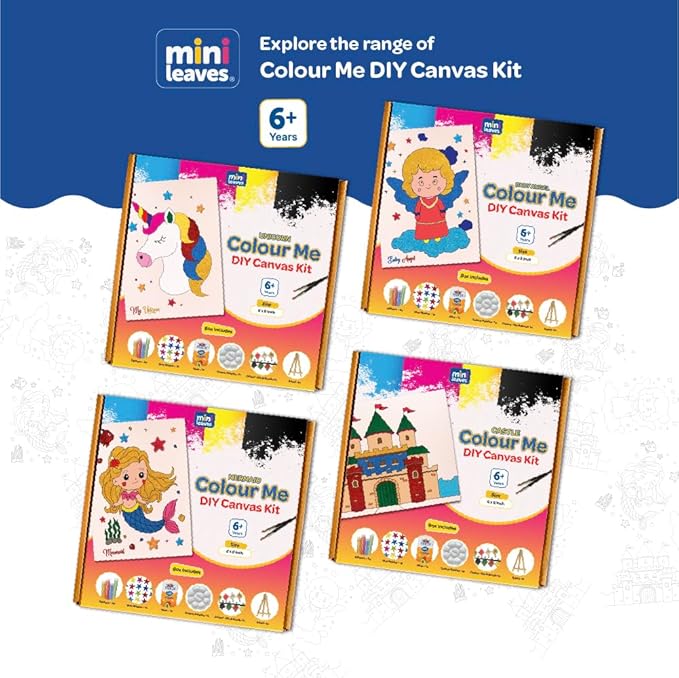 Mini Leaves Colour Me Castle DIY Canvas Art Kit with Wooden Easel, Premium Paint kit | Kids Ages 6-8- Single Piece