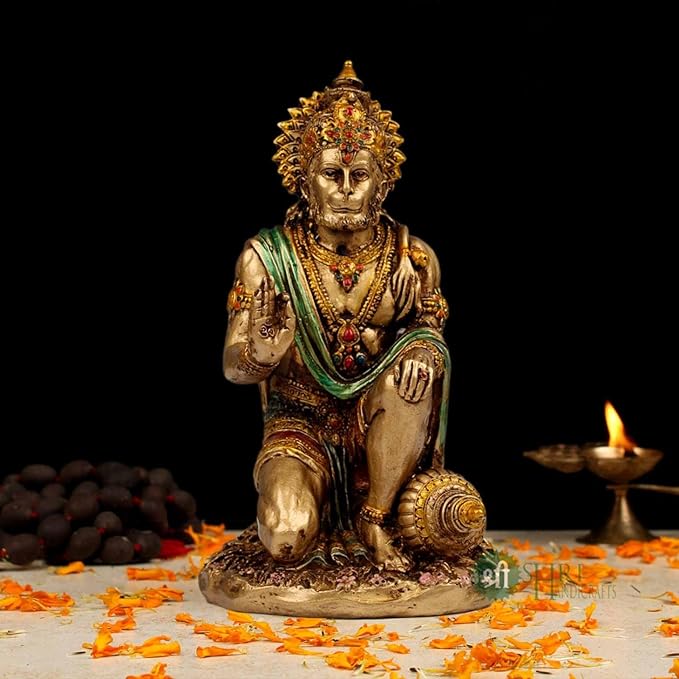 Indicast 7" Inch Hanuman Statue Sitting Metal Finish Idol Decorative Showpiece Handcrafted Hanuman Ji Murti