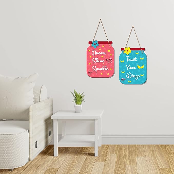 Artvibes Dream Shine Sparkle Quote Decorative Art Mdf Wooden Hanger for Living Room | Set of 2