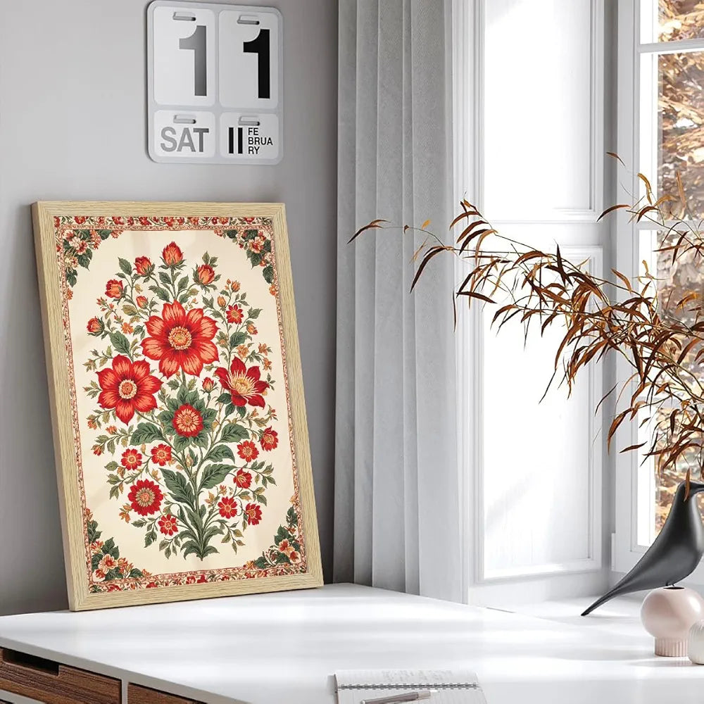 ArtX Paper Floral Art Paintings Flowers - 04 with Frame Multicolor Natural Wood Color Set of 2