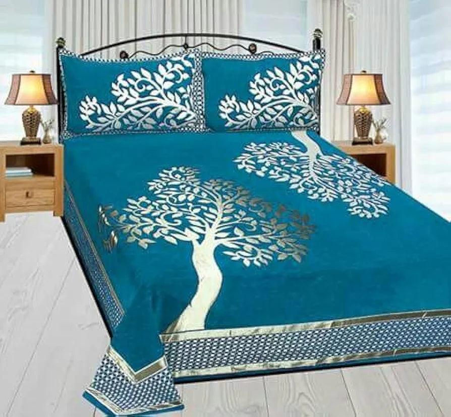 Fresh From Loom Chenille Velvet Floral 500 TC Heavy Bedsheet for Double Bed King Aqua Color with 2 Pillow Covers Tree SkyBlue