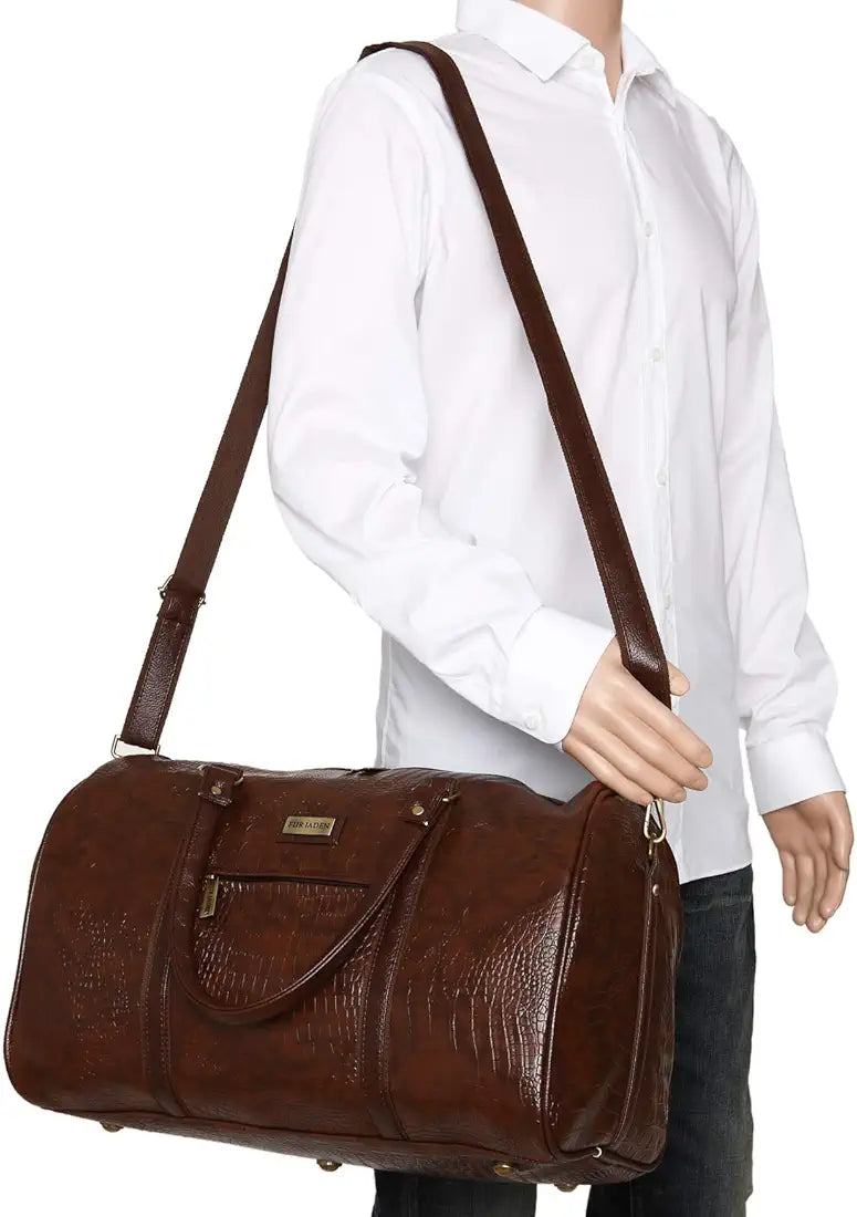 Fur Jaden Brown Textured Leatherette Stylish & Spacious Weekender Duffle Bag for Travel for Men and Women