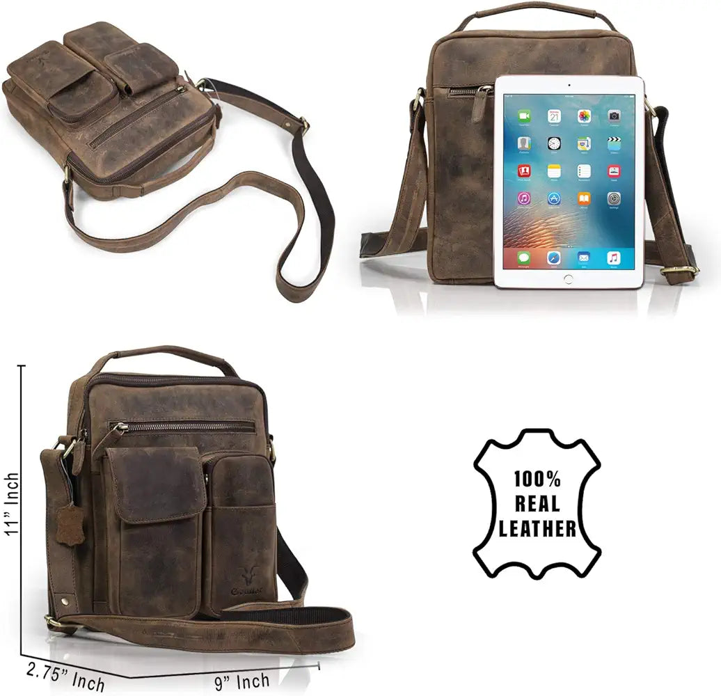 Goatter Hunter Leather 11”Inch Multi Pocket Men's Messenger Bags, GTHT-07