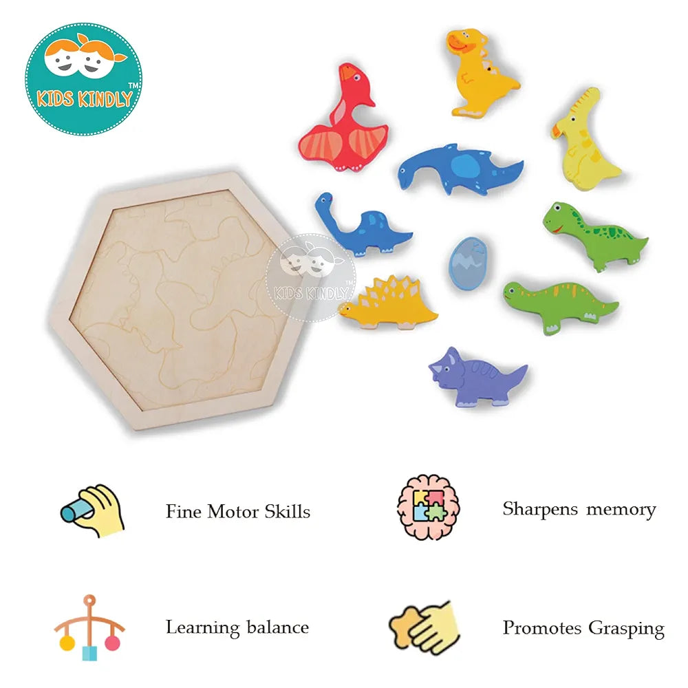 KIDS KINDLY Wooden Dinosaur Puzzle for Kids, Jigsaw Sorting Game, Montessori Puzzle Toy for Toddlers, Shapes Puzzles for Kids, Birthday Gift for Boys & Girls Age 3 4 5 Years