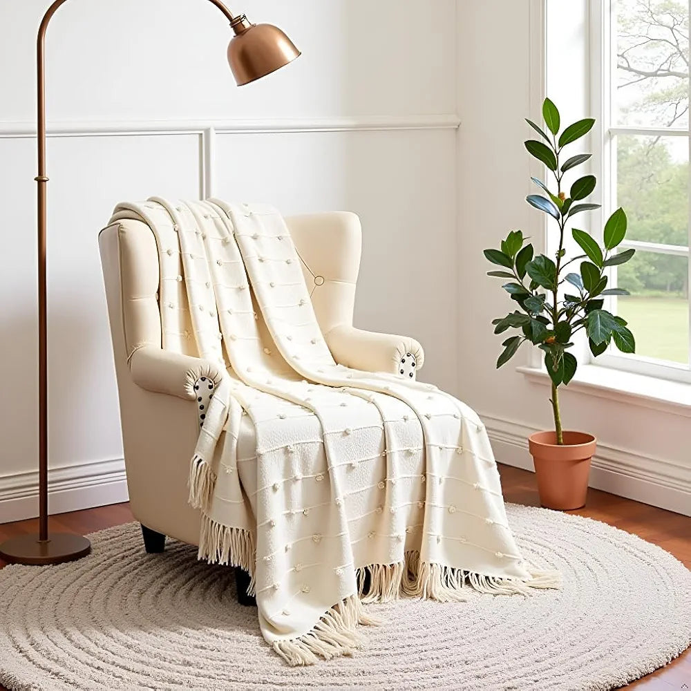 Sajavat Home Hand-Knitted Pure Cotton 3 Seater Sofa Throw Colour Beige