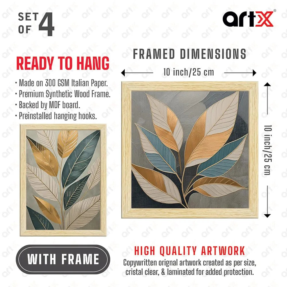ArtX Paper Golden Leaves Botanical Art Paintings With Frame Set of 4