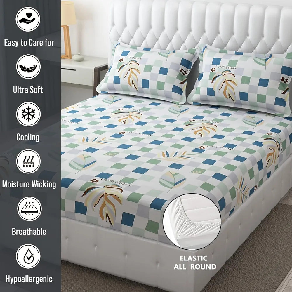 Fresh From Loom Fitted Floral Bedsheet King Size Bed With Two Pillow Cover Elastic 144 Tc Multi Color