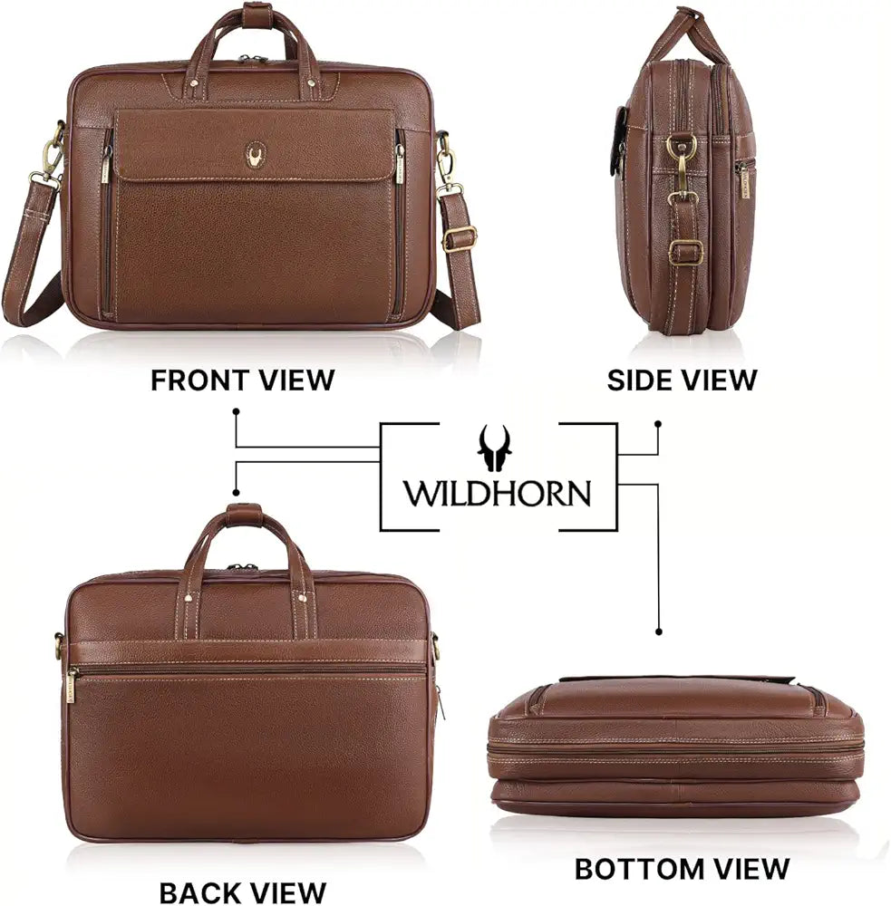 WildHorn Leather Laptop Bag for Men I Fits Upto 15.6 Inch Laptop/MacBook I Padded Laptop Compartment I Carry Handles with Adjustable Strap I DIMENSION : L-16 inch W-4 inch H-12 inch