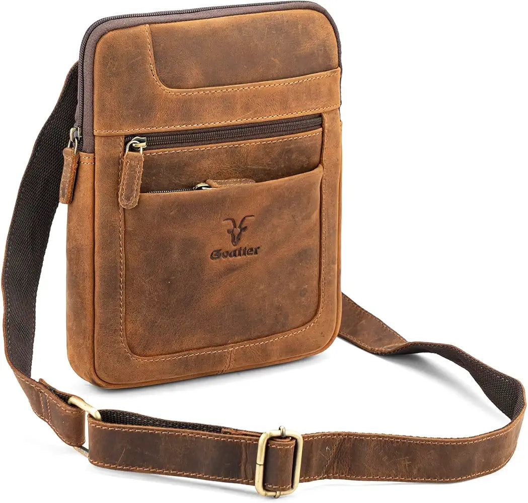Goatter Genuine Leather Slim Design Multi Pocket 11" Inch Messenger Sling Bag For Men,