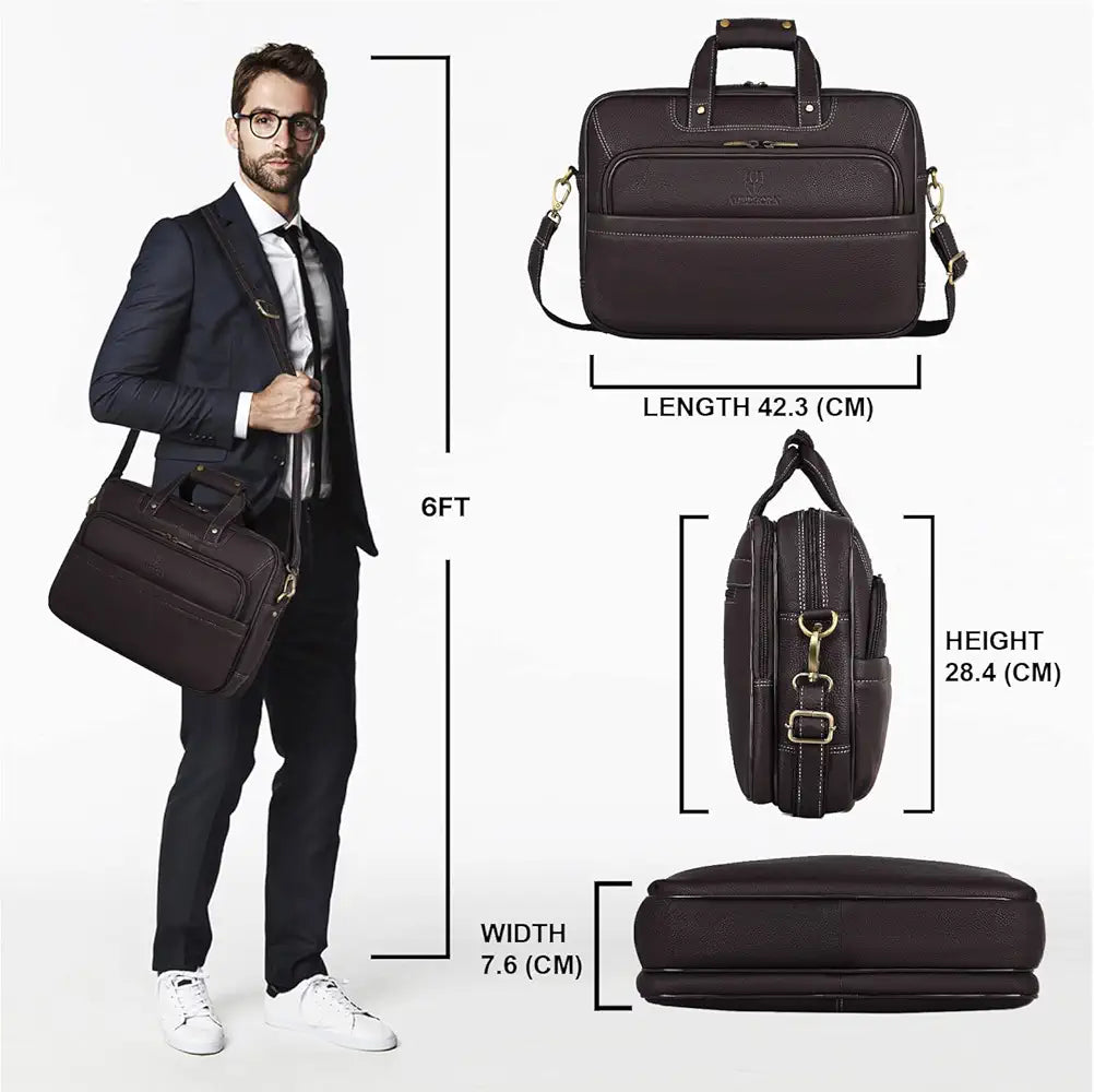 WildHorn Classic Leather 16 inch Laptop Messenger Bag for Men I Office Bags I Travel Bags I Carry Handles with Adjustable Strap