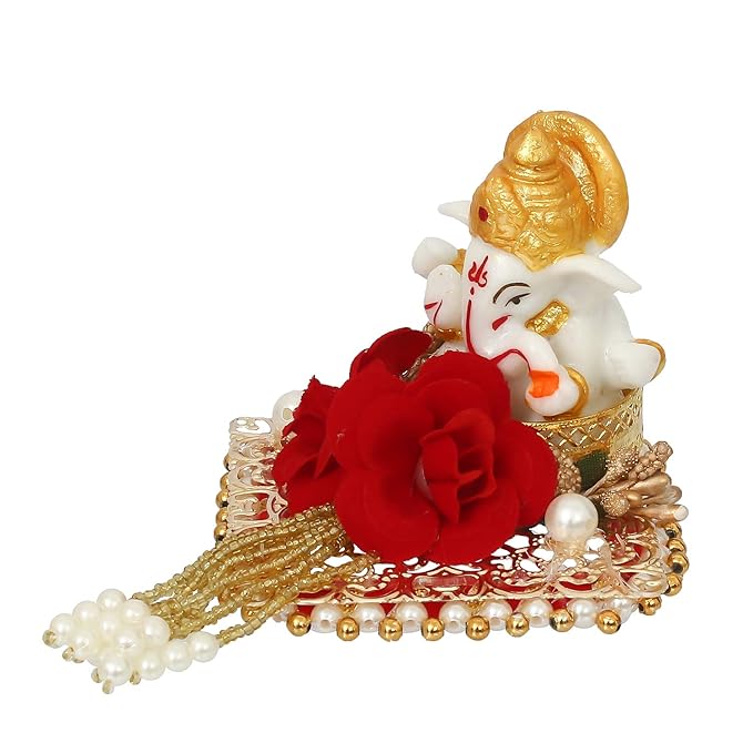Ecraftindia Resin Lord Ganesha Idol on Decorative Plate | Ganesha Idol for Home Decor Car Dashboard