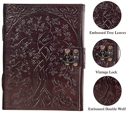 CraftShades- Handmade Leather Diary Embossed with star, journey & double wolf Diary with Antique Lock for Artist Sketchbook, Scrapbook, Drawing, Writing etc .Size 5 * 7 inch (DOUBLE WOLF)