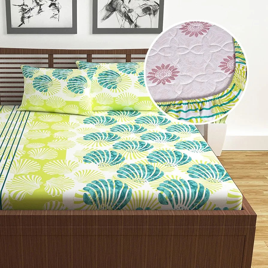 Divine Casa Cotton Acid Lime Bedsheet for Double Bed Elastic Fitted with 2 Pillow Covers Calming Shells Colour Acid Lime