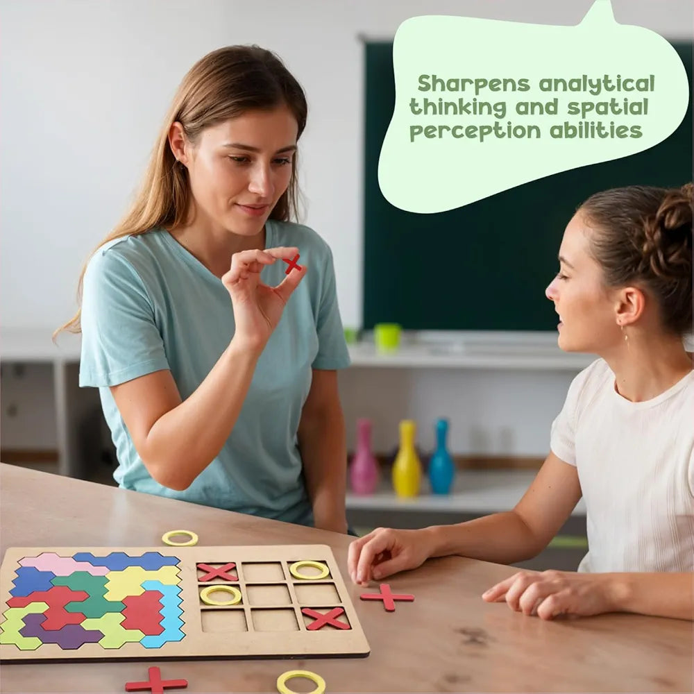 SPARTAN KIDSยฎ 3D Wooden Hexagon Puzzle & Classic Tic Tac Toe Game - Montessori Educational Toy for Kids, Creative Shape Pattern Block, Two-in-One Early Learning Toy